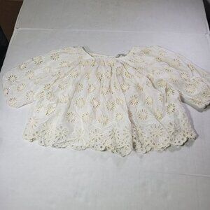 Madewell Women White Eyelet Embroidered Cotton Shirred Sleeve Blouse Top Size XS